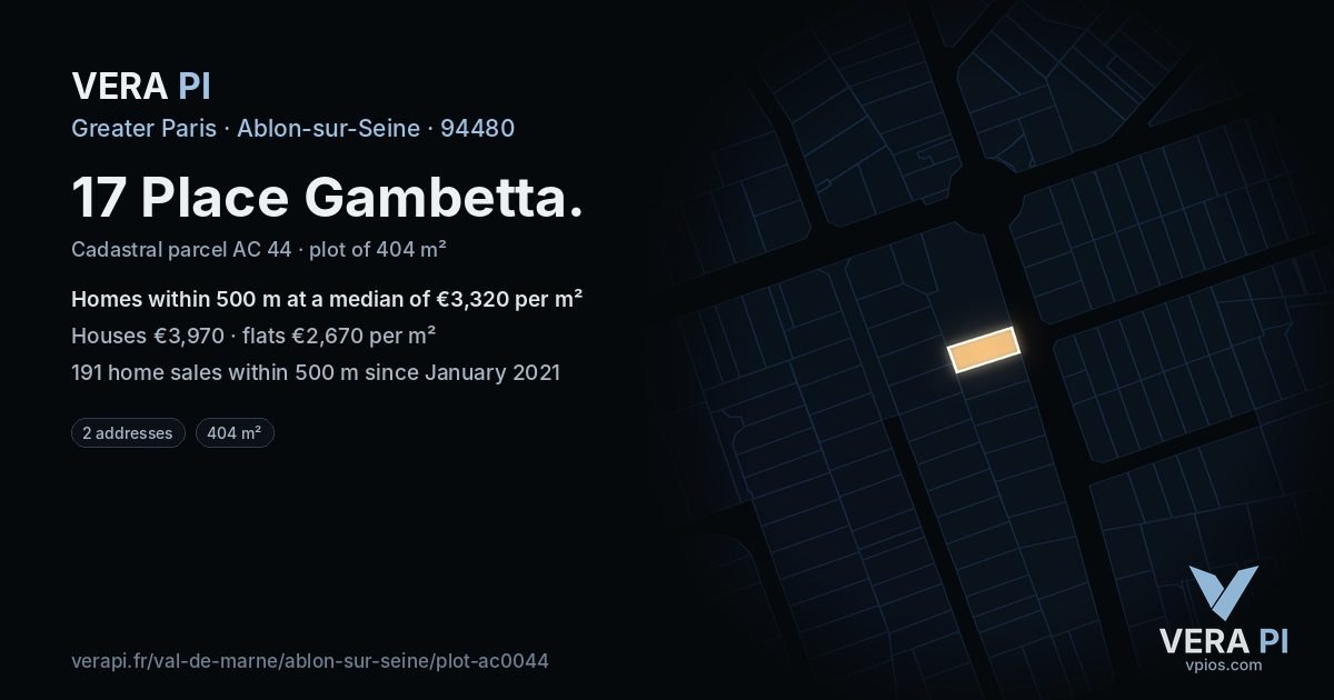 17 Place Gambetta, Ablon-sur-Seine at night – the plot lit, the parcels around coloured by the prices near them