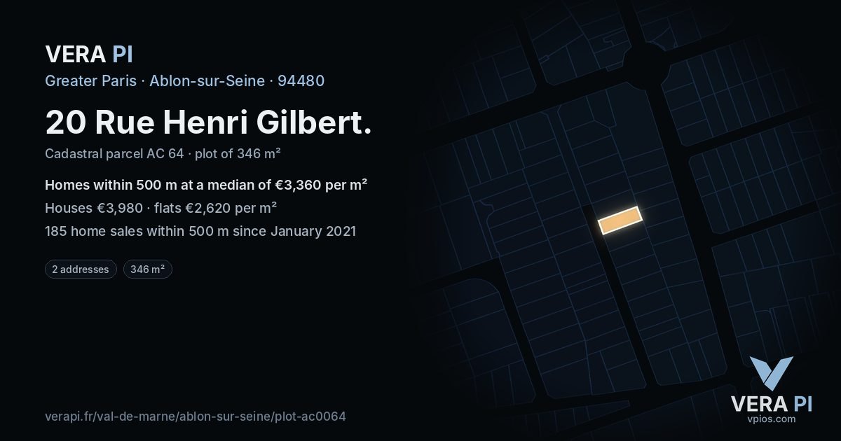 20 Rue Henri Gilbert, Ablon-sur-Seine at night – the plot lit, the parcels around coloured by the prices near them