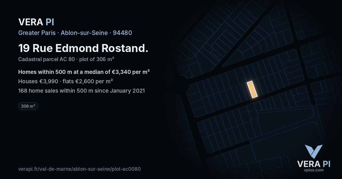 19 Rue Edmond Rostand, Ablon-sur-Seine at night – the plot lit, the parcels around coloured by the prices near them