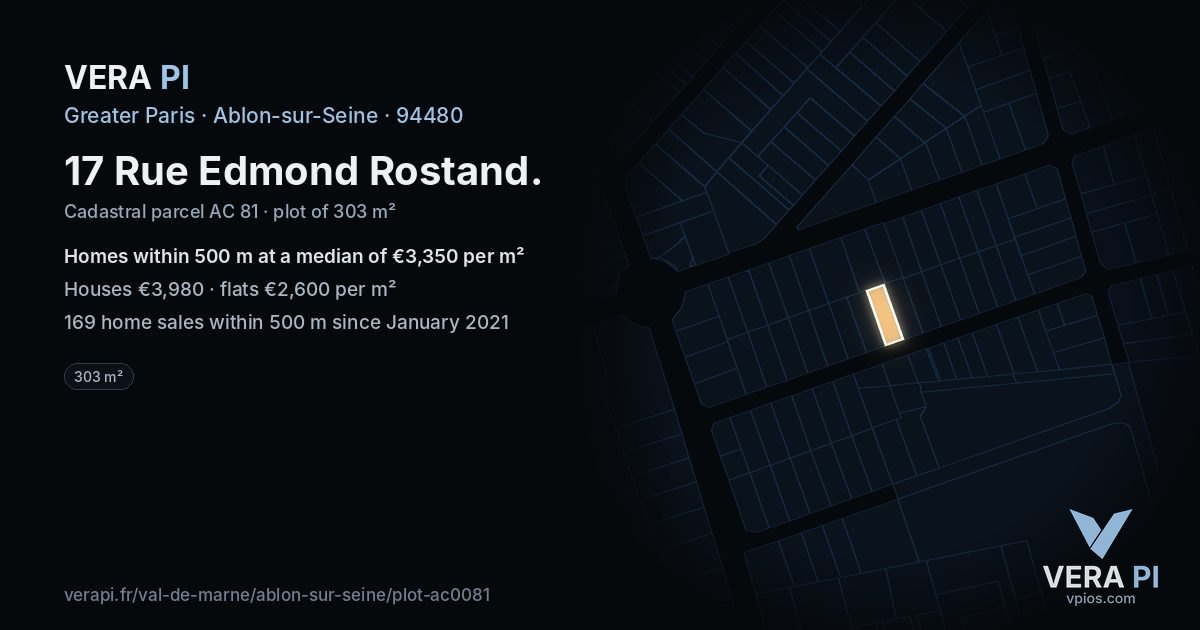17 Rue Edmond Rostand, Ablon-sur-Seine at night – the plot lit, the parcels around coloured by the prices near them