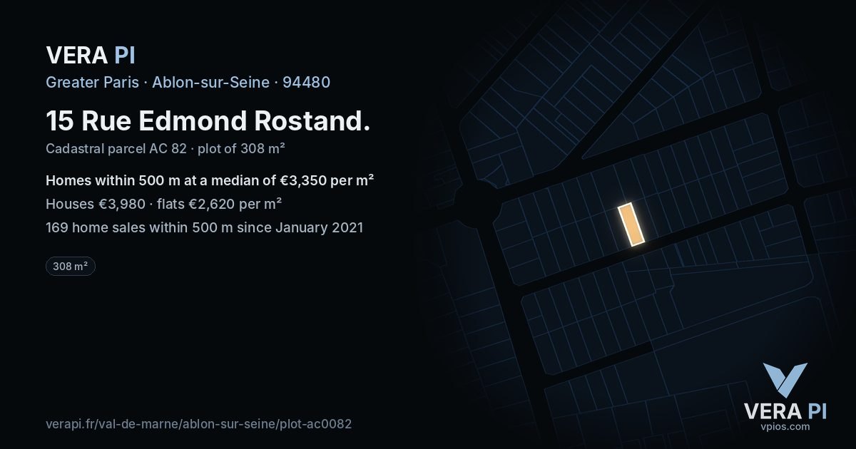 15 Rue Edmond Rostand, Ablon-sur-Seine at night – the plot lit, the parcels around coloured by the prices near them