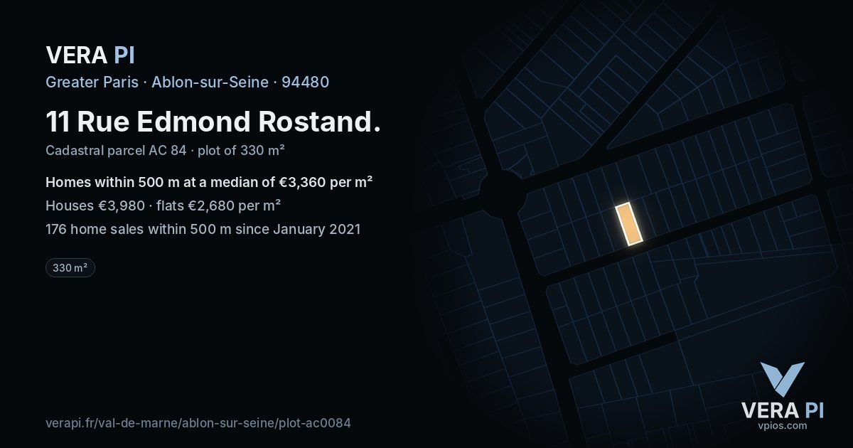 11 Rue Edmond Rostand, Ablon-sur-Seine at night – the plot lit, the parcels around coloured by the prices near them