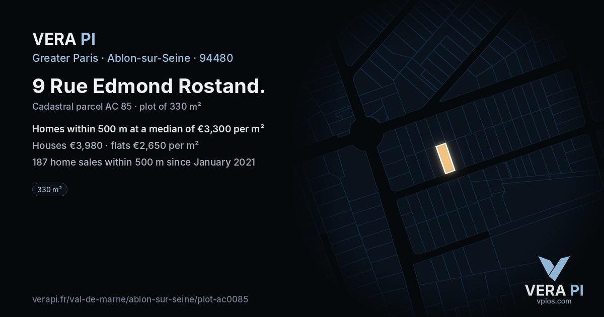 9 Rue Edmond Rostand, Ablon-sur-Seine at night – the plot lit, the parcels around coloured by the prices near them