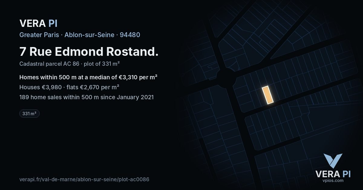 7 Rue Edmond Rostand, Ablon-sur-Seine at night – the plot lit, the parcels around coloured by the prices near them