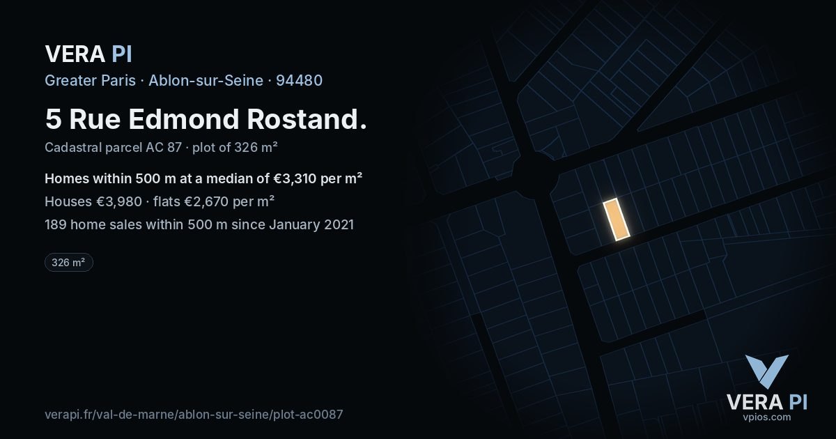5 Rue Edmond Rostand, Ablon-sur-Seine at night – the plot lit, the parcels around coloured by the prices near them