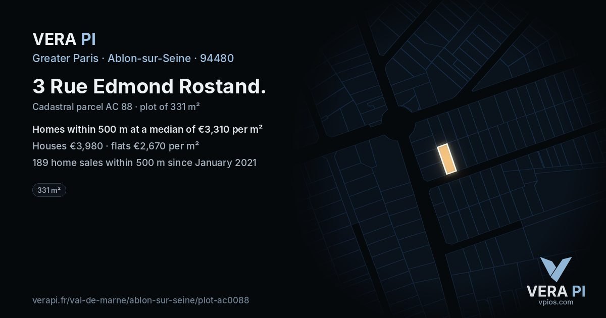 3 Rue Edmond Rostand, Ablon-sur-Seine at night – the plot lit, the parcels around coloured by the prices near them