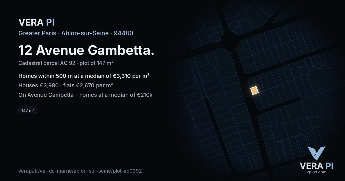 12 Avenue Gambetta, Ablon-sur-Seine at night – the plot lit, the parcels around coloured by the prices near them