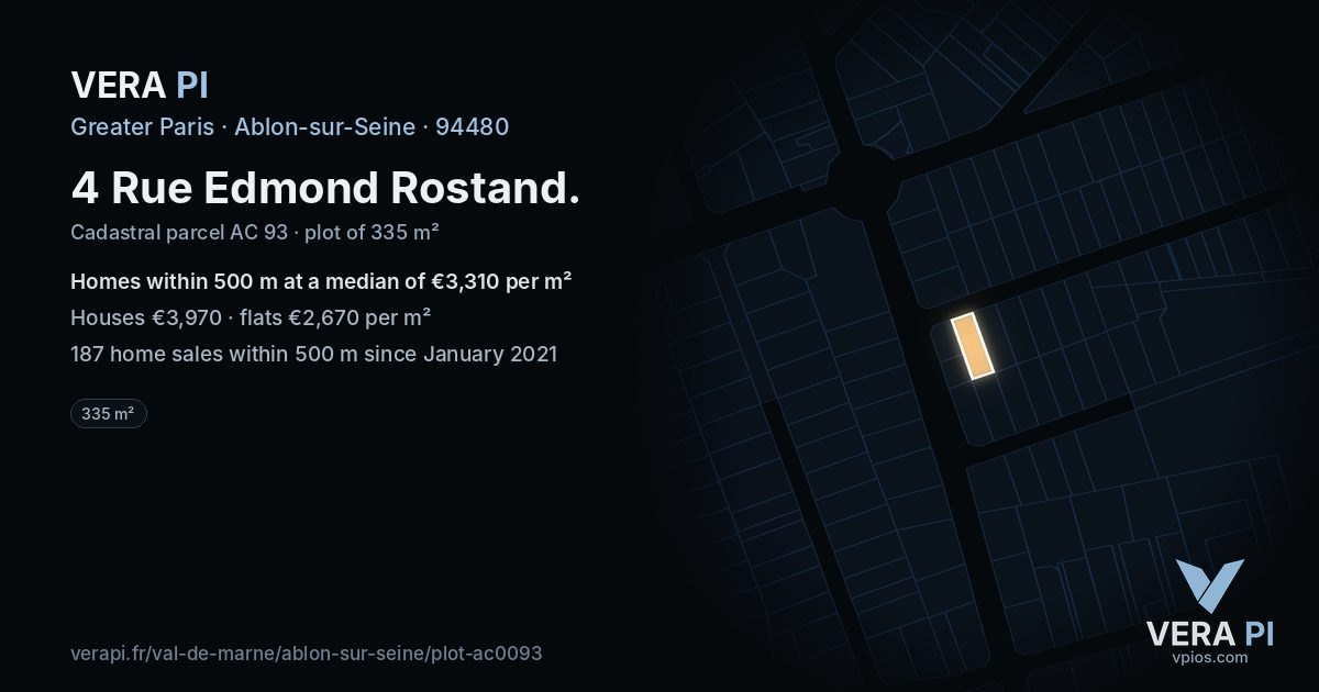 4 Rue Edmond Rostand, Ablon-sur-Seine at night – the plot lit, the parcels around coloured by the prices near them