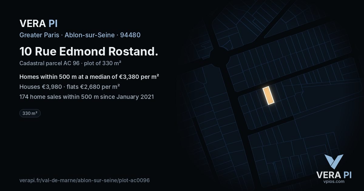 10 Rue Edmond Rostand, Ablon-sur-Seine at night – the plot lit, the parcels around coloured by the prices near them