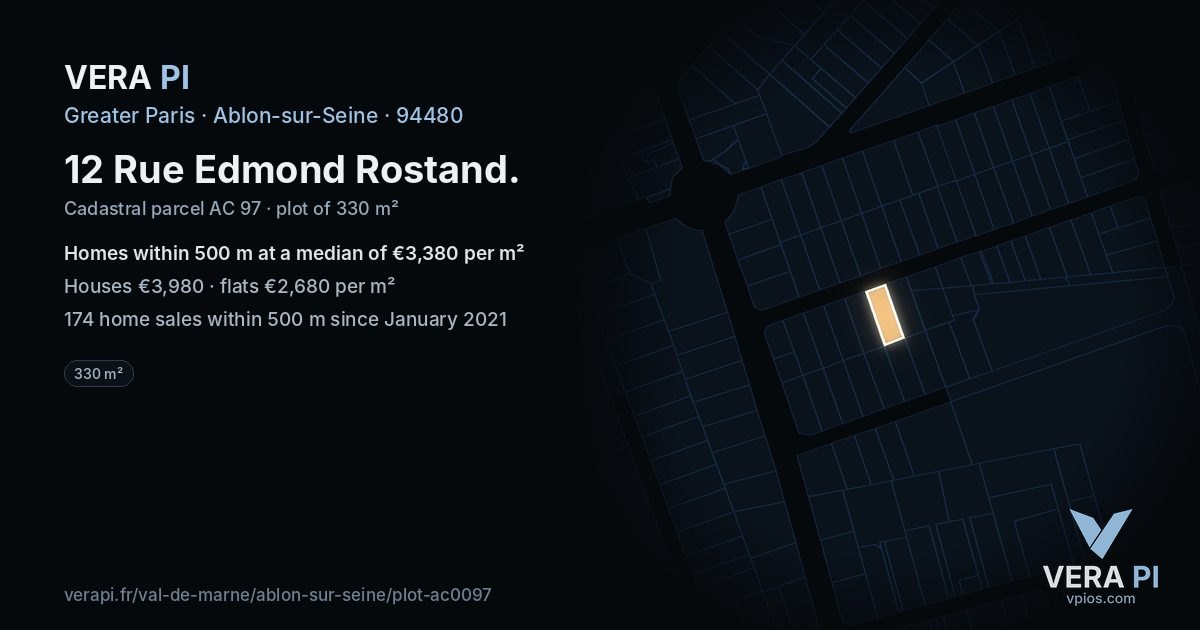 12 Rue Edmond Rostand, Ablon-sur-Seine at night – the plot lit, the parcels around coloured by the prices near them