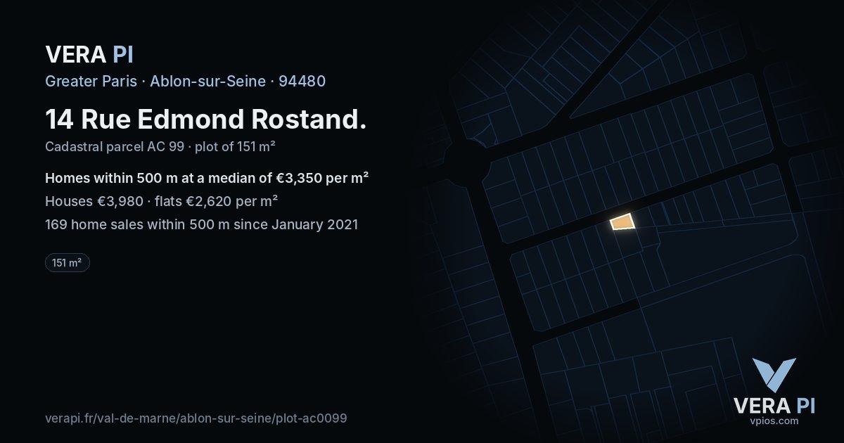 14 Rue Edmond Rostand, Ablon-sur-Seine at night – the plot lit, the parcels around coloured by the prices near them