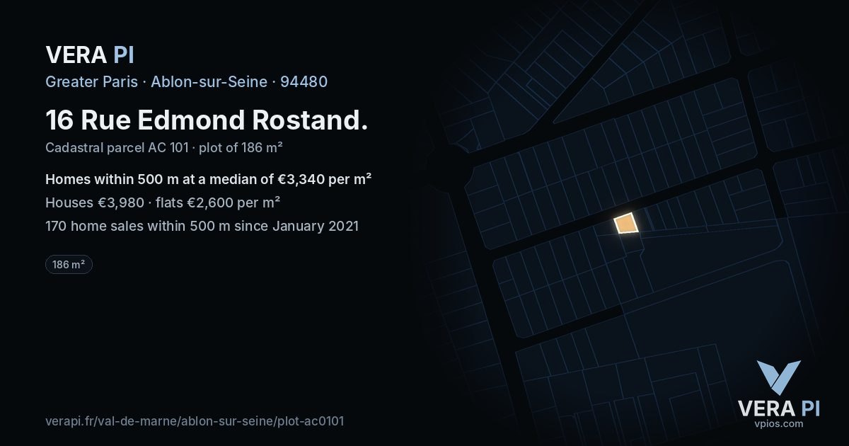 16 Rue Edmond Rostand, Ablon-sur-Seine at night – the plot lit, the parcels around coloured by the prices near them
