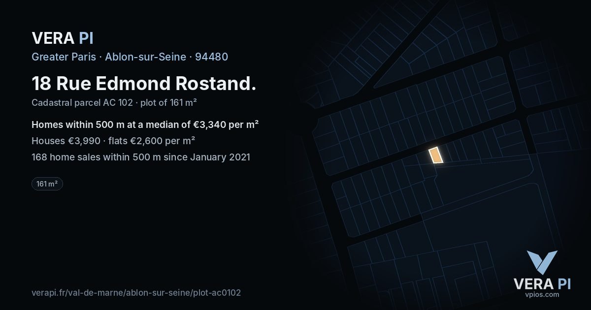 18 Rue Edmond Rostand, Ablon-sur-Seine at night – the plot lit, the parcels around coloured by the prices near them