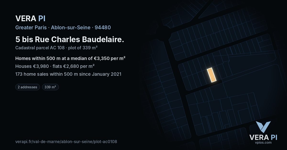 5 bis Rue Charles Baudelaire, Ablon-sur-Seine at night – the plot lit, the parcels around coloured by the prices near them