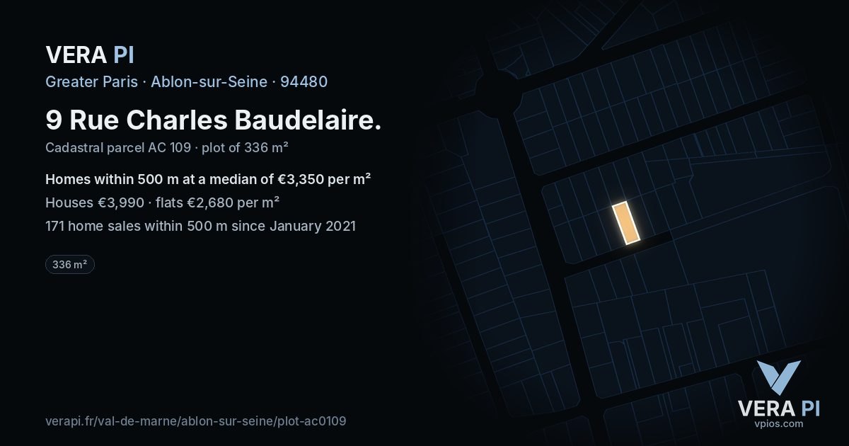 9 Rue Charles Baudelaire, Ablon-sur-Seine at night – the plot lit, the parcels around coloured by the prices near them