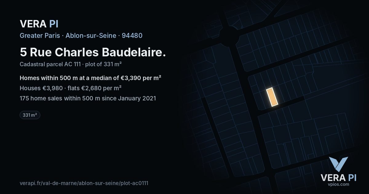 5 Rue Charles Baudelaire, Ablon-sur-Seine at night – the plot lit, the parcels around coloured by the prices near them