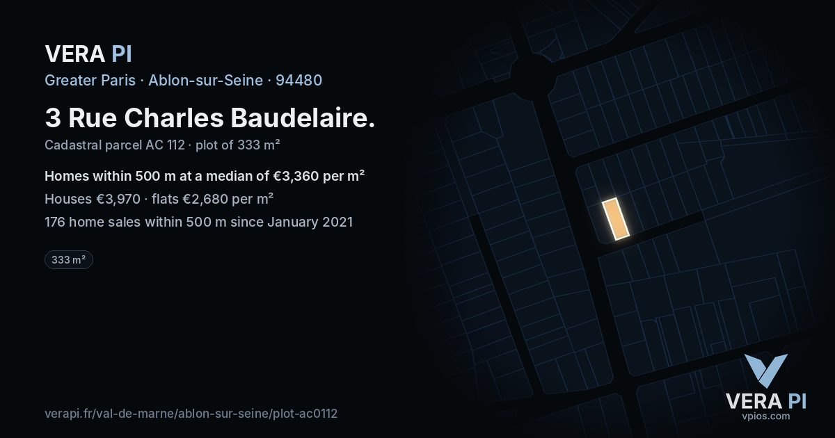 3 Rue Charles Baudelaire, Ablon-sur-Seine at night – the plot lit, the parcels around coloured by the prices near them