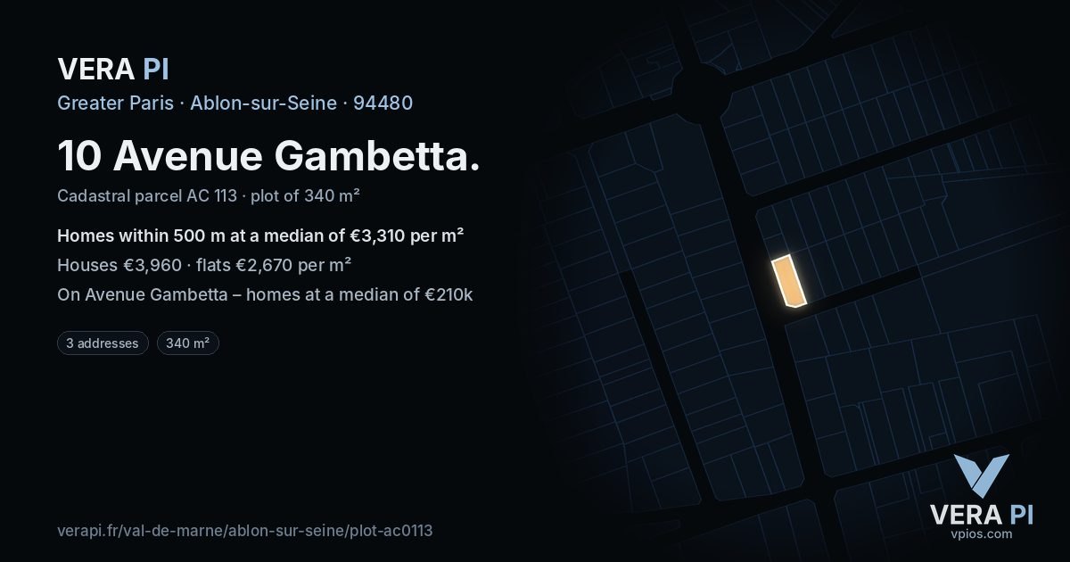 10 Avenue Gambetta, Ablon-sur-Seine at night – the plot lit, the parcels around coloured by the prices near them