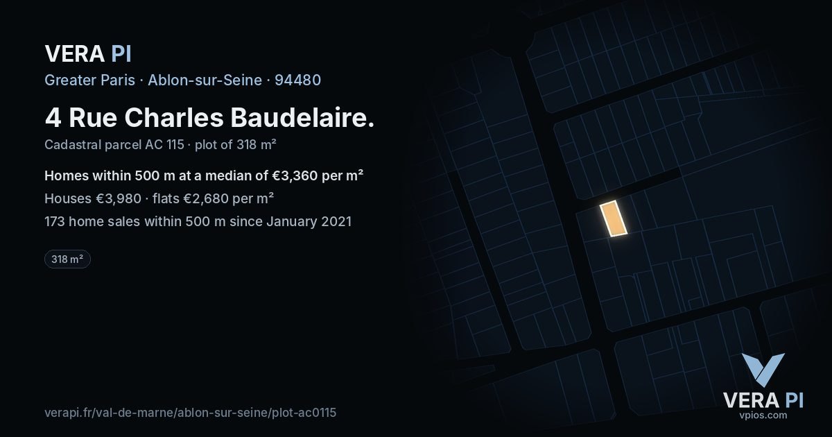 4 Rue Charles Baudelaire, Ablon-sur-Seine at night – the plot lit, the parcels around coloured by the prices near them