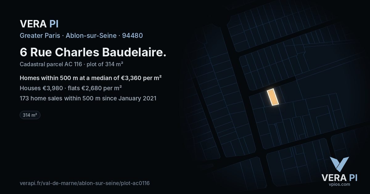 6 Rue Charles Baudelaire, Ablon-sur-Seine at night – the plot lit, the parcels around coloured by the prices near them