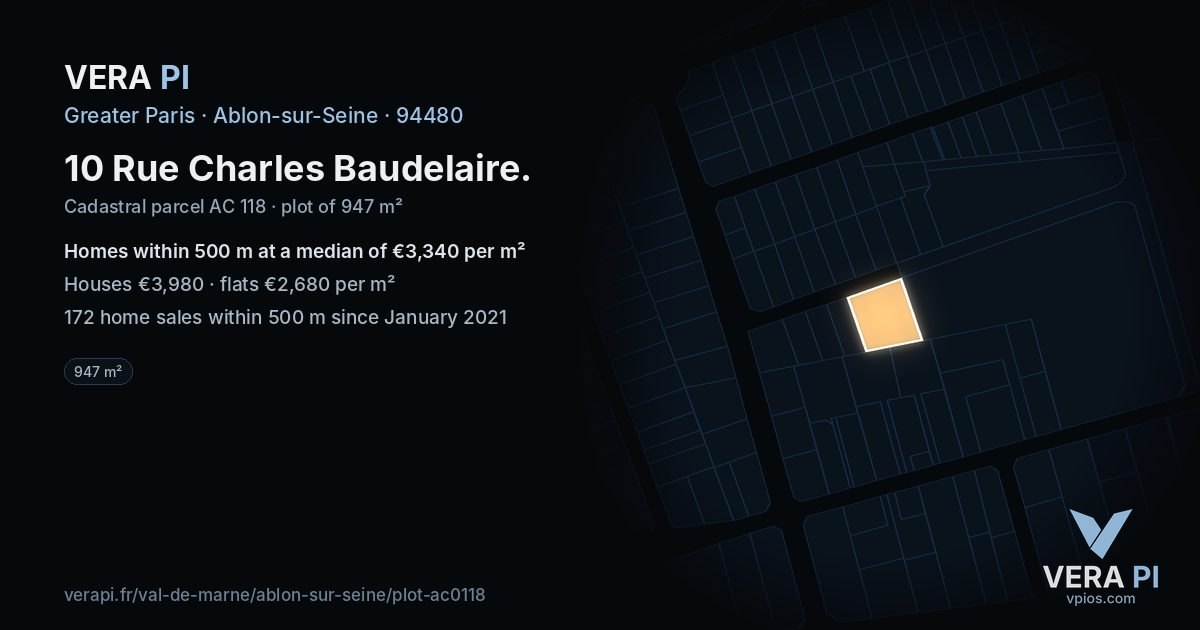 10 Rue Charles Baudelaire, Ablon-sur-Seine at night – the plot lit, the parcels around coloured by the prices near them