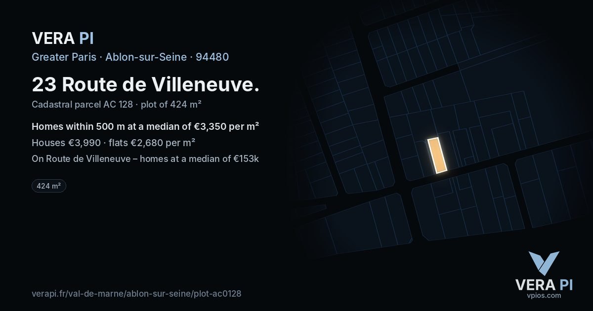 23 Route de Villeneuve, Ablon-sur-Seine at night – the plot lit, the parcels around coloured by the prices near them