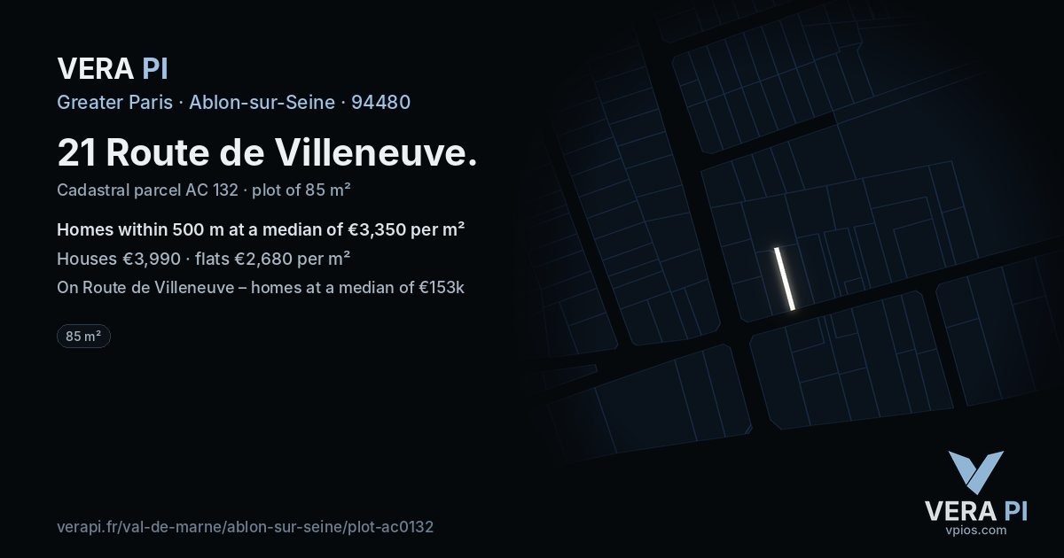 21 Route de Villeneuve, Ablon-sur-Seine at night – the plot lit, the parcels around coloured by the prices near them