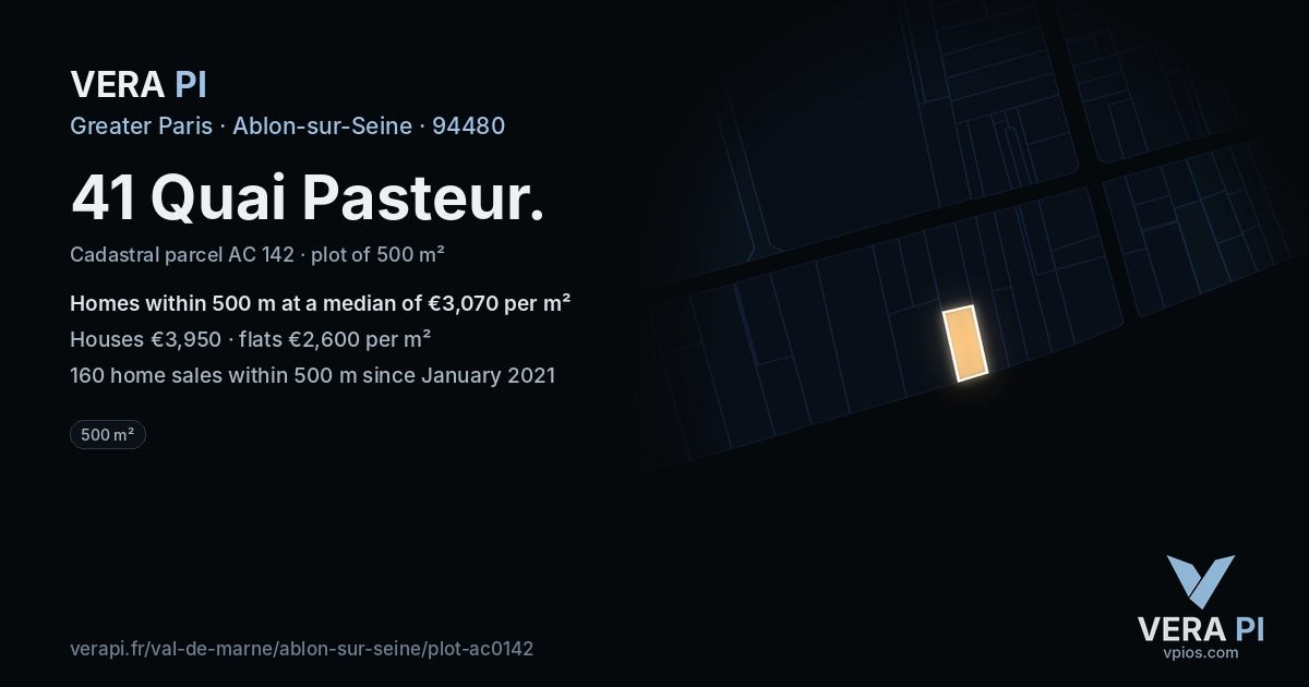 41 Quai Pasteur, Ablon-sur-Seine at night – the plot lit, the parcels around coloured by the prices near them