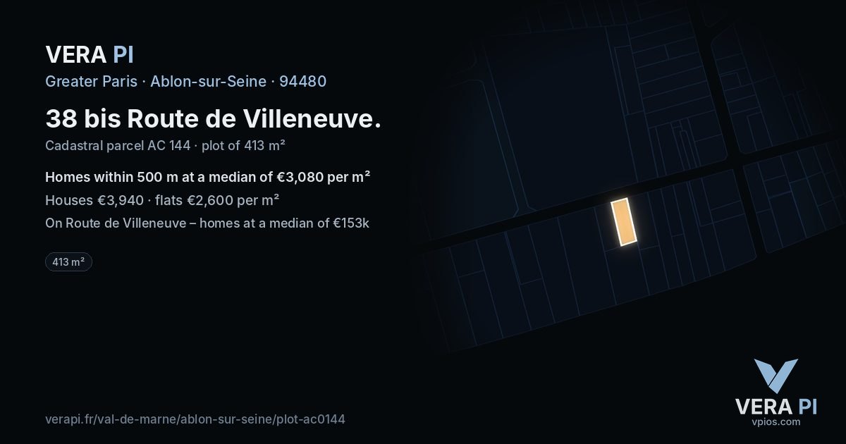 38 bis Route de Villeneuve, Ablon-sur-Seine at night – the plot lit, the parcels around coloured by the prices near them