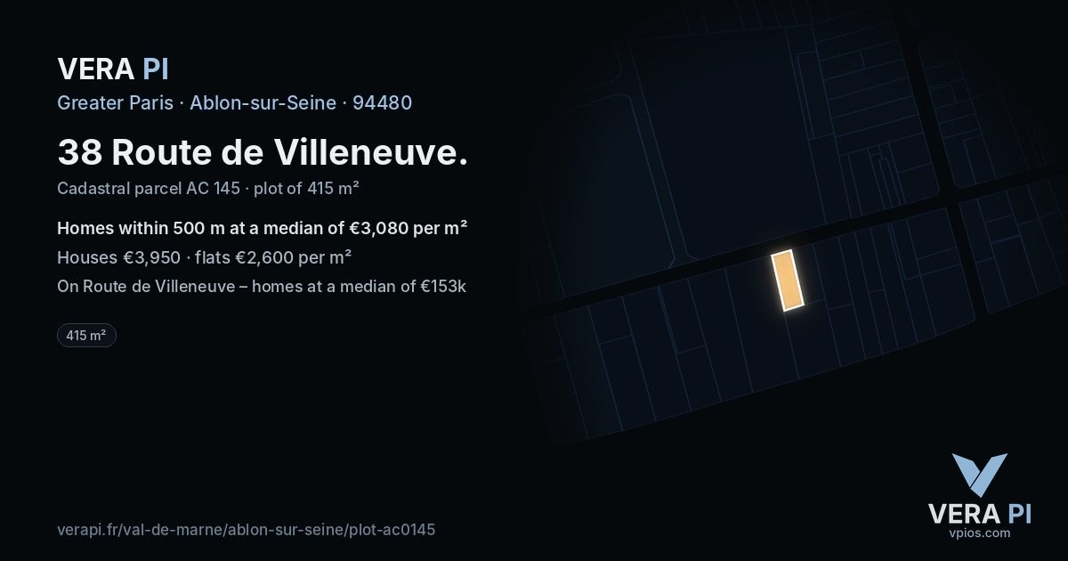 38 Route de Villeneuve, Ablon-sur-Seine at night – the plot lit, the parcels around coloured by the prices near them