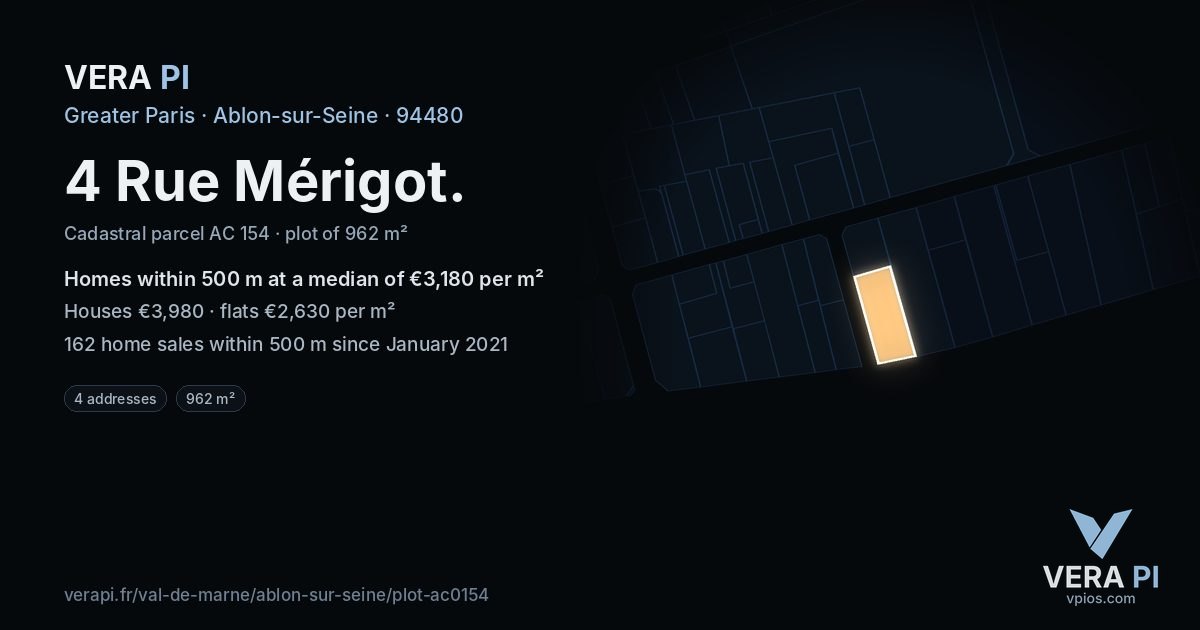 4 Rue Mérigot, Ablon-sur-Seine at night – the plot lit, the parcels around coloured by the prices near them