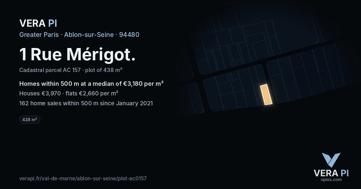 1 Rue Mérigot, Ablon-sur-Seine at night – the plot lit, the parcels around coloured by the prices near them