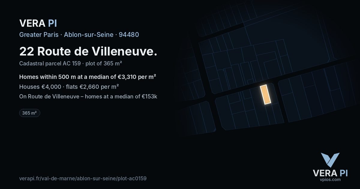 22 Route de Villeneuve, Ablon-sur-Seine at night – the plot lit, the parcels around coloured by the prices near them