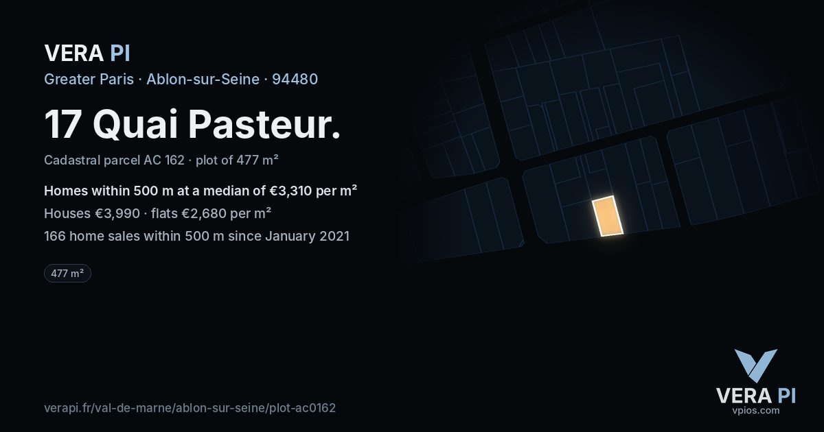 17 Quai Pasteur, Ablon-sur-Seine at night – the plot lit, the parcels around coloured by the prices near them