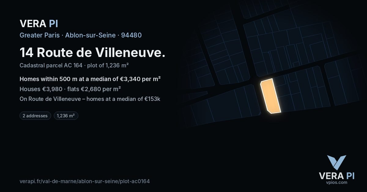 14 Route de Villeneuve, Ablon-sur-Seine at night – the plot lit, the parcels around coloured by the prices near them