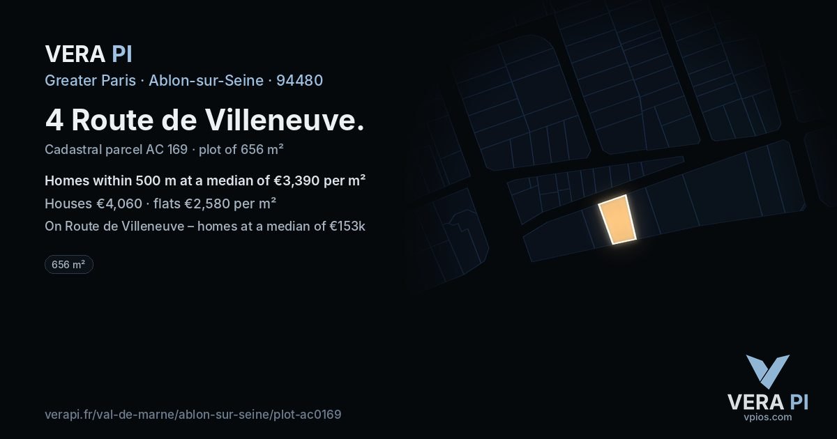 4 Route de Villeneuve, Ablon-sur-Seine at night – the plot lit, the parcels around coloured by the prices near them