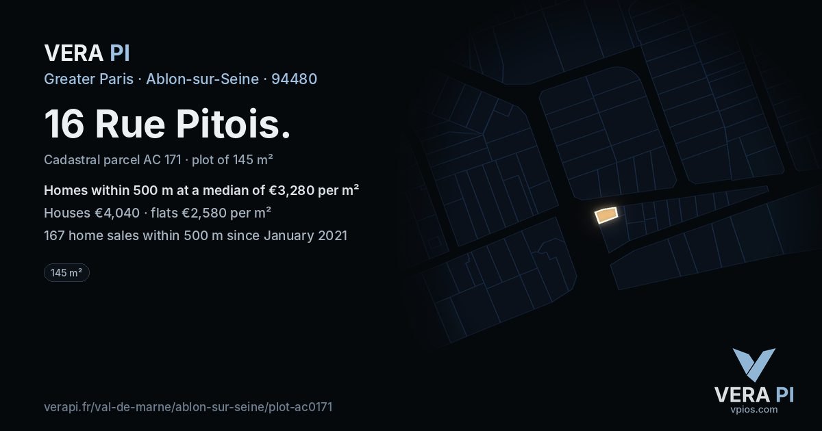 16 Rue Pitois, Ablon-sur-Seine at night – the plot lit, the parcels around coloured by the prices near them