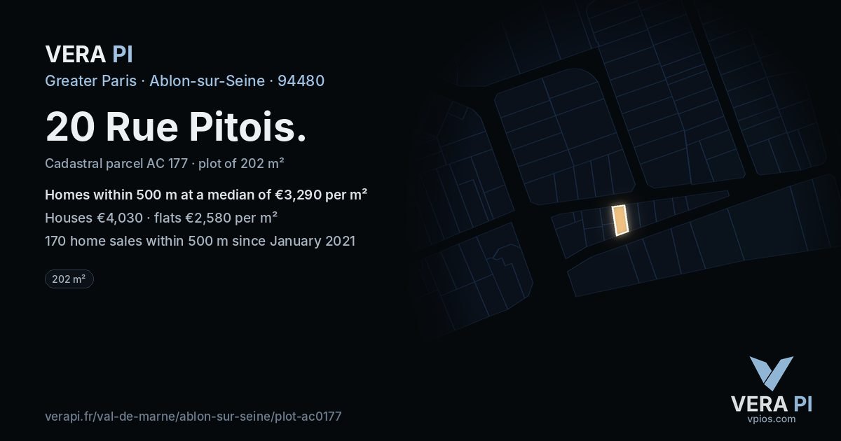 20 Rue Pitois, Ablon-sur-Seine at night – the plot lit, the parcels around coloured by the prices near them