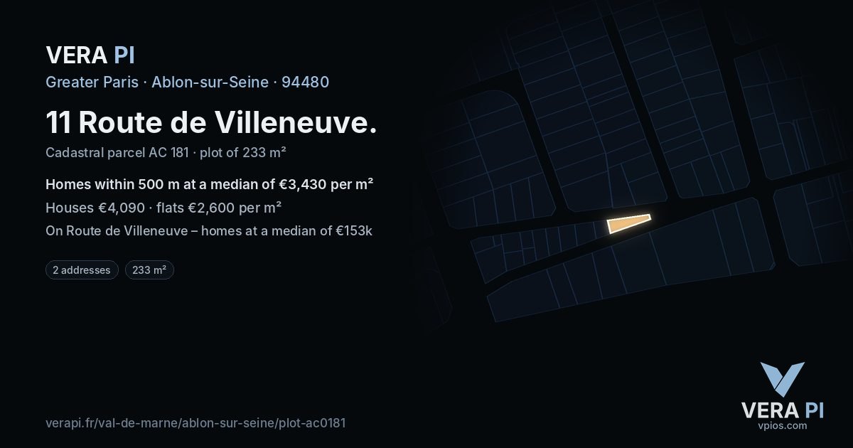 11 Route de Villeneuve, Ablon-sur-Seine at night – the plot lit, the parcels around coloured by the prices near them