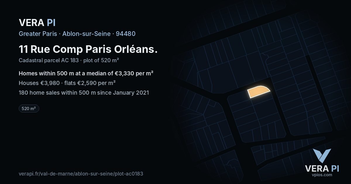 11 Rue Comp Paris Orléans, Ablon-sur-Seine at night – the plot lit, the parcels around coloured by the prices near them