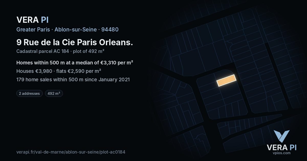 9 Rue de la Cie Paris Orleans, Ablon-sur-Seine at night – the plot lit, the parcels around coloured by the prices near them