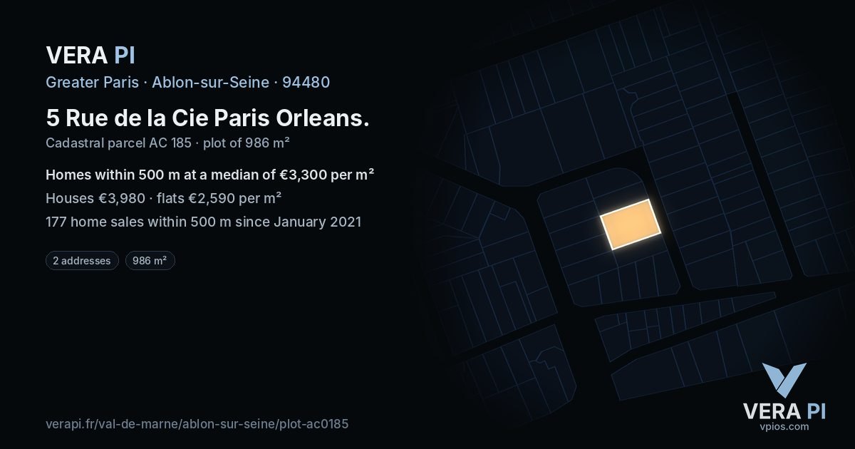 5 Rue de la Cie Paris Orleans, Ablon-sur-Seine at night – the plot lit, the parcels around coloured by the prices near them