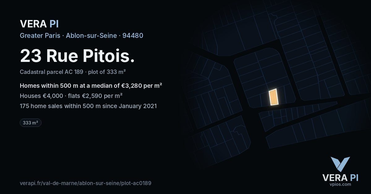 23 Rue Pitois, Ablon-sur-Seine at night – the plot lit, the parcels around coloured by the prices near them