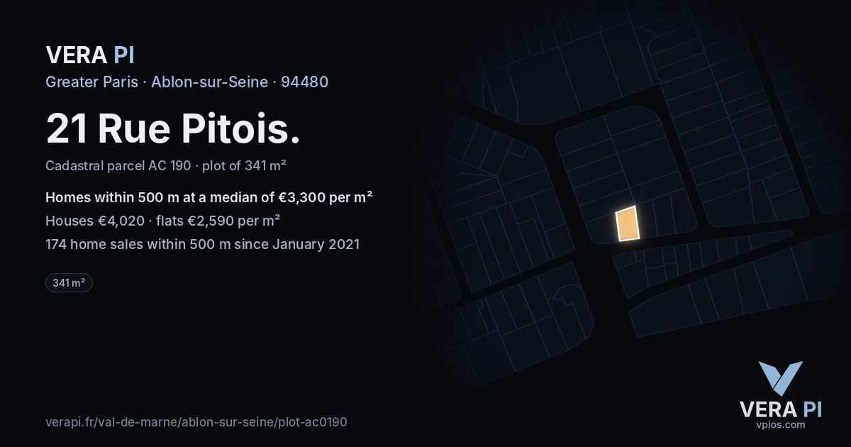 21 Rue Pitois, Ablon-sur-Seine at night – the plot lit, the parcels around coloured by the prices near them