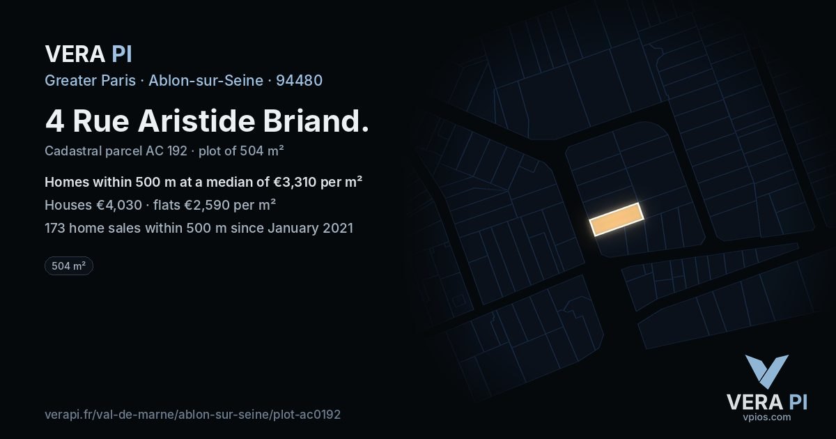 4 Rue Aristide Briand, Ablon-sur-Seine at night – the plot lit, the parcels around coloured by the prices near them
