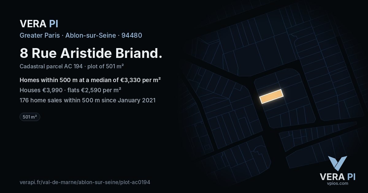 8 Rue Aristide Briand, Ablon-sur-Seine at night – the plot lit, the parcels around coloured by the prices near them