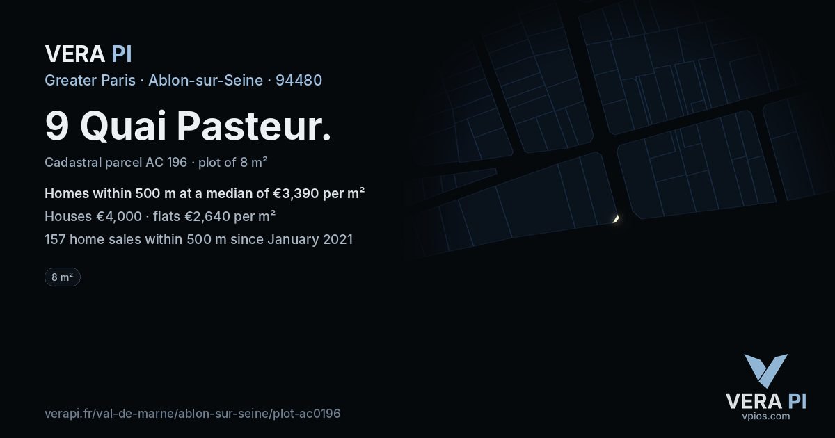 9 Quai Pasteur, Ablon-sur-Seine at night – the plot lit, the parcels around coloured by the prices near them