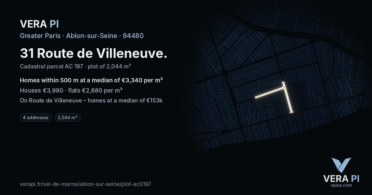31 Route de Villeneuve, Ablon-sur-Seine at night – the plot lit, the parcels around coloured by the prices near them