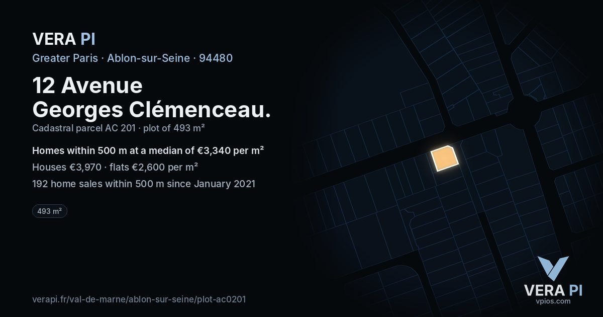 12 Avenue Georges Clémenceau, Ablon-sur-Seine at night – the plot lit, the parcels around coloured by the prices near them