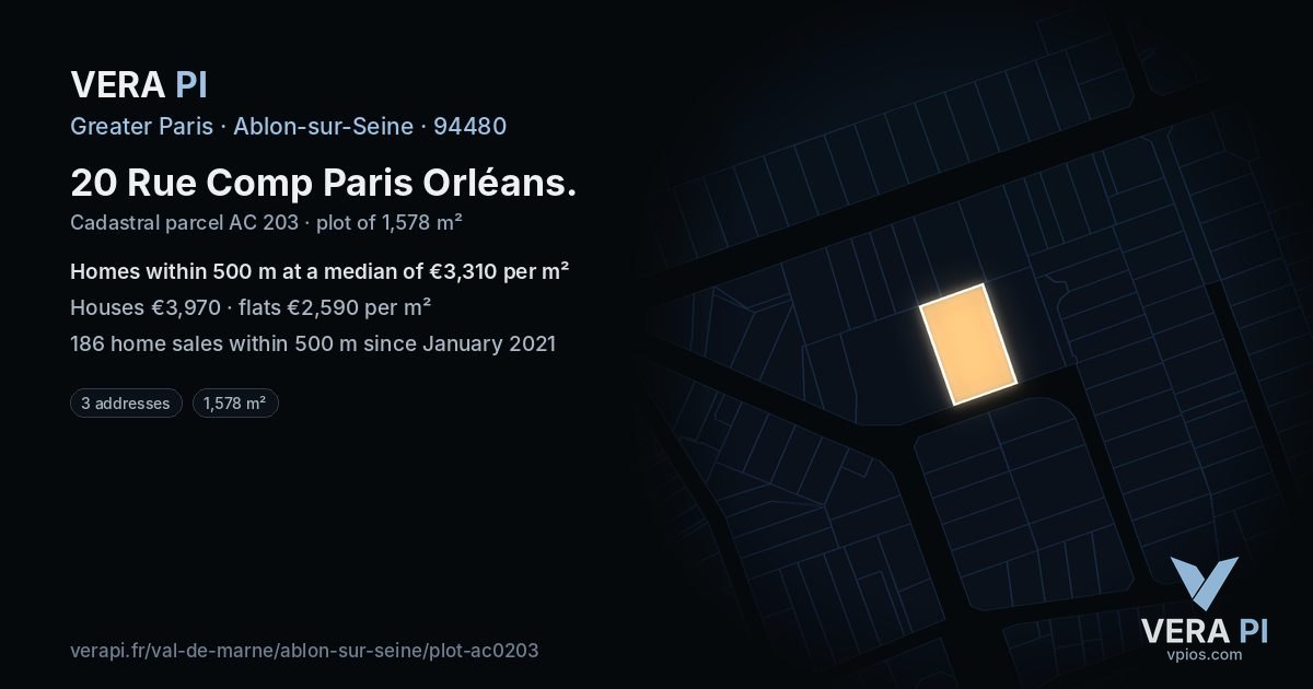 20 Rue Comp Paris Orléans, Ablon-sur-Seine at night – the plot lit, the parcels around coloured by the prices near them